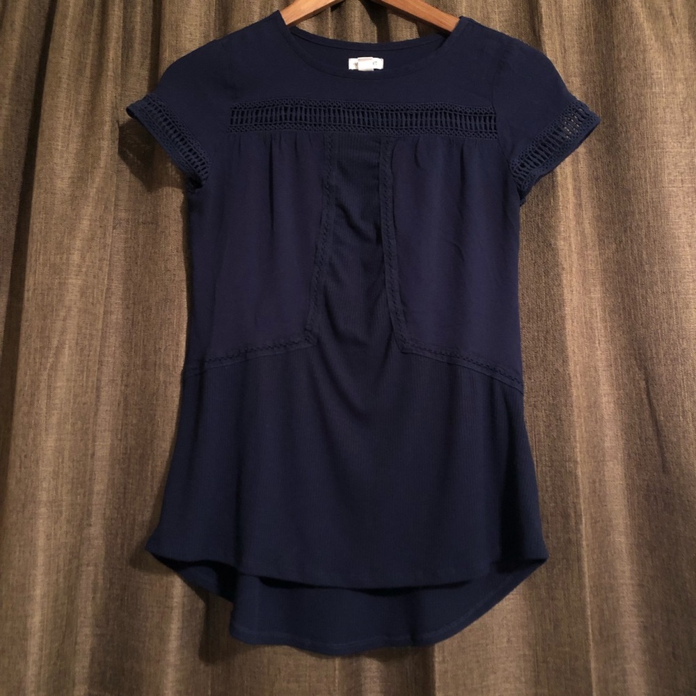 💙 Westport Mixed Material Short Sleeve Tee / Blouse - Navy - Extra Small 💙